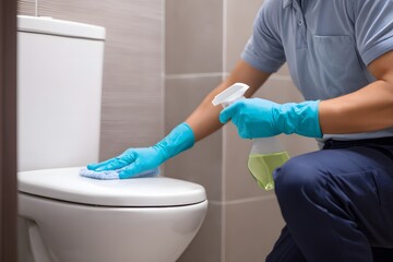 Janitor in uniform cleaning a restroom toilet with gloves and disinfectant spray. Focus on hygiene, cleanliness, and responsible maintenance.