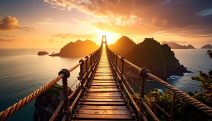 Obraz premium Walking Wooden Suspension Bridge at Sunset Over Ocean Landscape