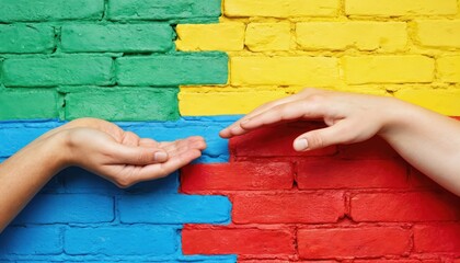 Two hands meet in supportive gesture against vibrant brick wall. One open palm faces upward, receiving. Hand reaches down, fingers extended. Connection, care, partnership, unity in diverse human