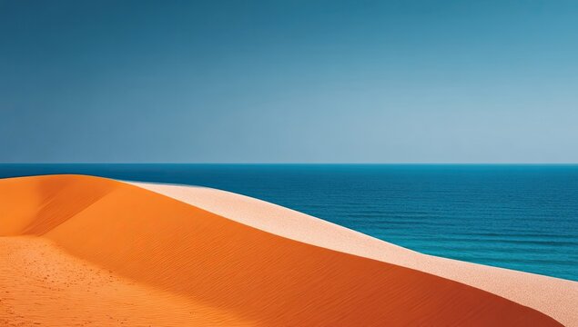 Orange sand dune meets vibrant blue ocean. A vast expanse of sand and sea
