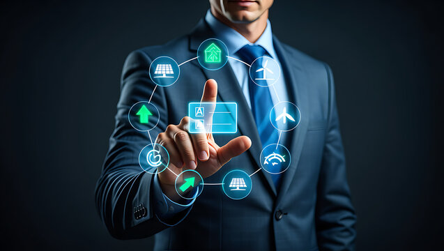 Businessman interacting with digital interface displaying renewable energy icons suit touchscreen