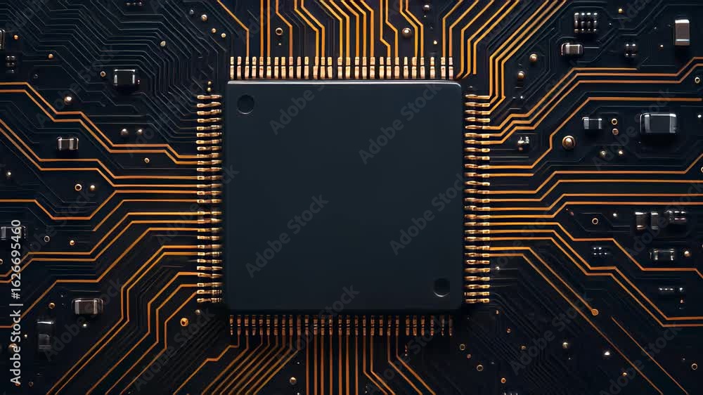 Poster closeup of a central microchip on a circuit board showcasing intricate technology details