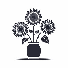 Minimalist black and white silhouette illustration of three sunflowers in a vase, isolated on white background, elegant floral vector design for commercial use and Adobe Stock 