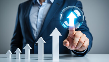 Businessman touches glowing upward arrow in bubble suit blue