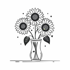 Minimalist black and white silhouette illustration of three sunflowers in a vase, isolated on white background, elegant floral vector design for commercial use and Adobe Stock 