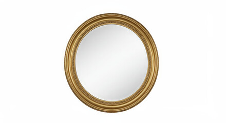 Golden framed circular mirror isolated on white background for design