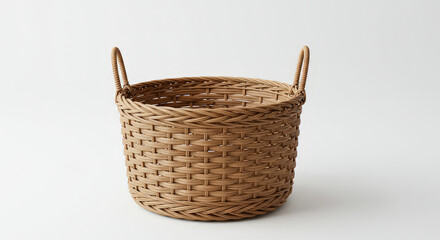 Obraz premium Woven wicker basket with handles isolated on white background