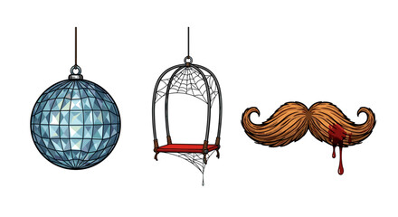Illustration of a disco ball, a swing with spiderwebs and a mustache