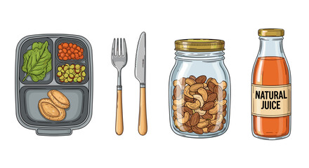 A balanced lunchbox with salad, beans, nuts, juice, fork and knife on display
