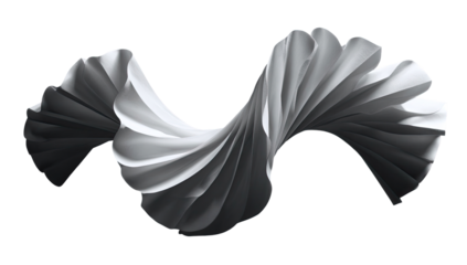 Abstract, light gray, pleated, spiral form.  A dynamic, swirling, 3D shape with soft, pleated folds, creating a sense of motion and depth