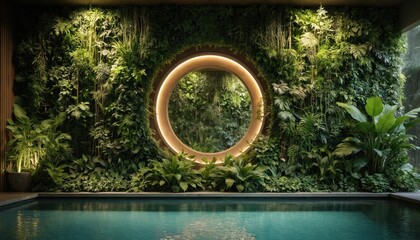 Biophilic design wellness hub features circular mirror framed by rich greenery. Serene atmosphere in modern, eco-friendly interior design. Botanical elements create harmony, luxury, promoting health,