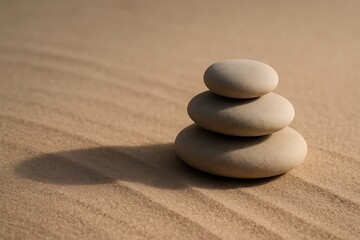 Zen balance stacked stones on sandy beach with shadow