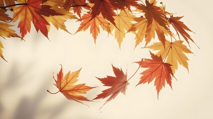A photograph depicts a cascade of vibrant autumn maple leaves in shades of red and orange, falling in a gentle arc against a warm, light background.