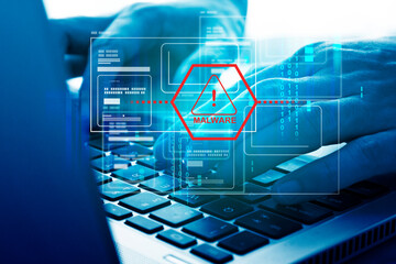 Malware attack virus alert , malicious software infection , cyber security awareness training to protect business information from threat attacks
