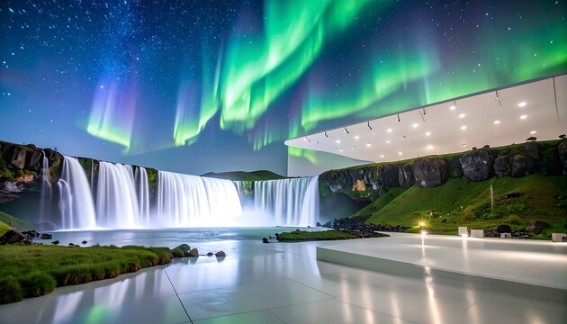Waterfall Flowing Under Aurora Borealis Near Indoor Space
