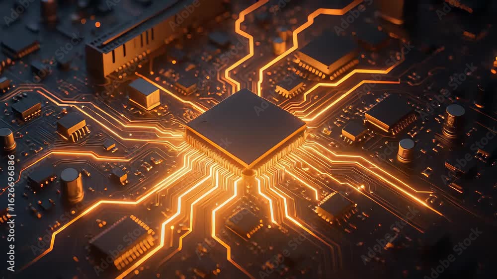 Poster closeup of a high-tech circuit board illuminated with glowing pathways showcasing advanced technolog