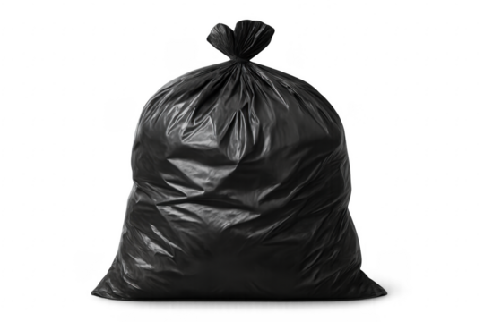Black garbage bag full of trash isolated on transparent background