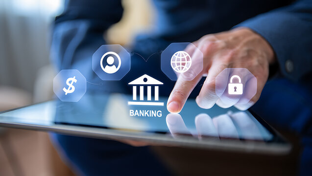 Digital banking interface with financial icons finance technology