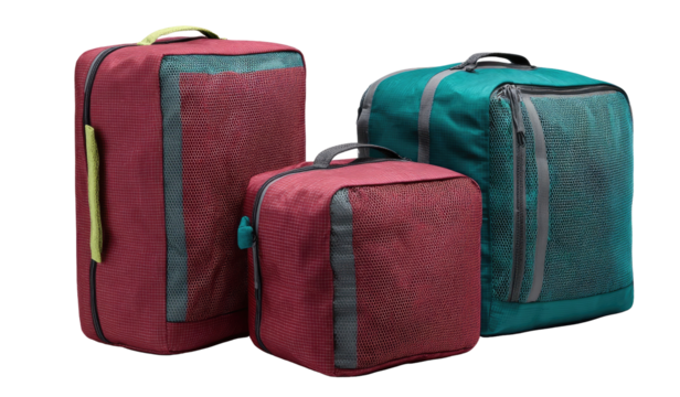 Three travel bags in varying shades of maroon, teal, and burgundy.  Each bag features a transparent panel, handles, and a zippered closure.  They are a compact and organized set