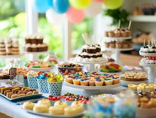 Colorful dessert table filled with sweets and treats at a festive gathering in a sunny setting