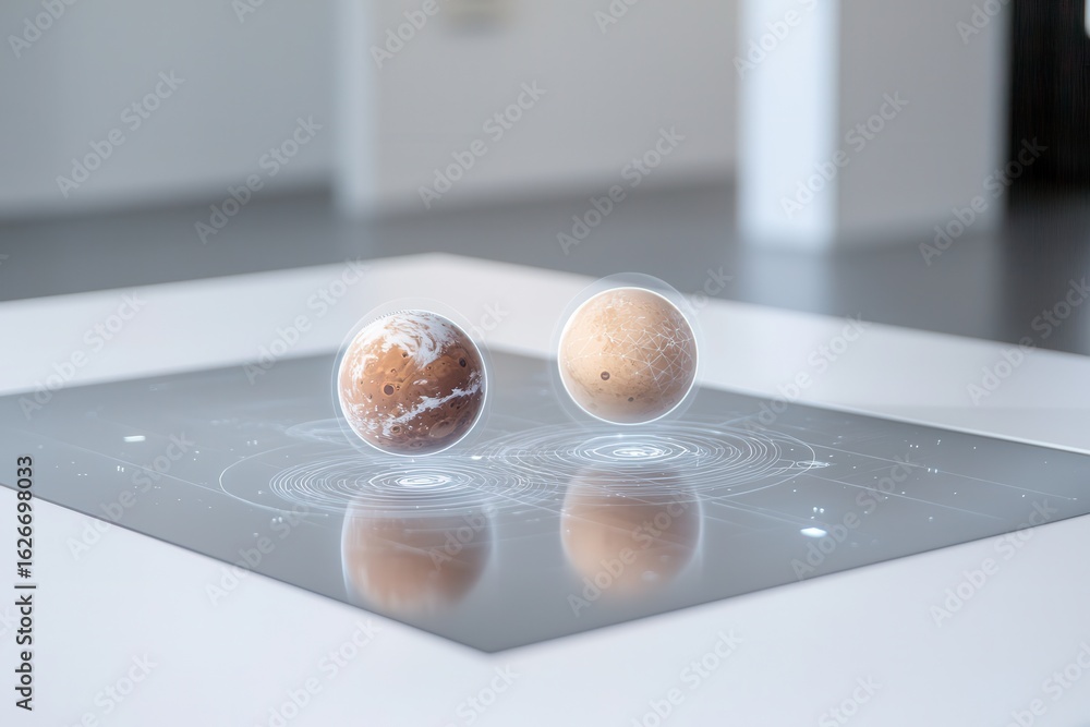 Poster a futuristic display features two floating planets above a cosmic map, blending technology and astro