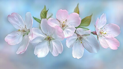 Fototapeta premium 85. Soft-focus image of blooming cherry blossoms with delicate petals in pale pinks against a gentle blue sky