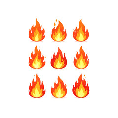 A collection of nine stylized, cartoon-like flame icons, each depicting a unique variation of fire with vibrant orange and yellow hues on a white background.