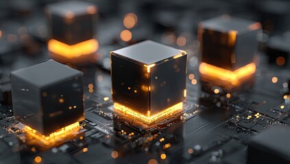 Dark cubes with glowing interior on circuit board