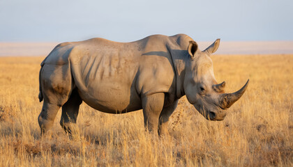 Fototapeta premium Majestic white rhinoceros stands in golden savanna grassland during sunrise. Powerful herbivore, endangered species, grazes peacefully. Thick skin, iconic horn prominent features. Warm morning light