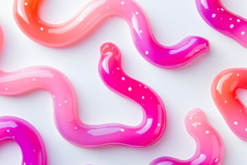 Obraz premium Colorful gummy worms arranged artistically on a white background showcasing vibrant hues and playful curves