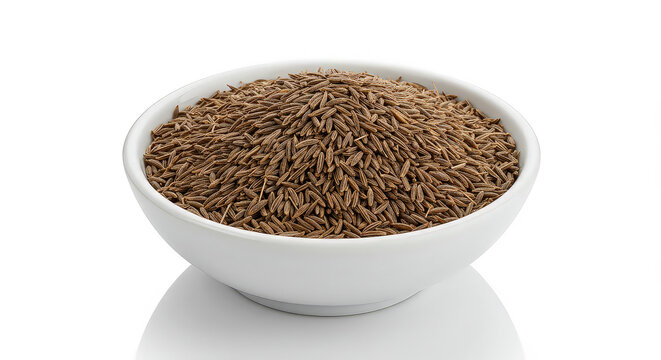 Isolated ceramic bowl of cumin seeds on white background