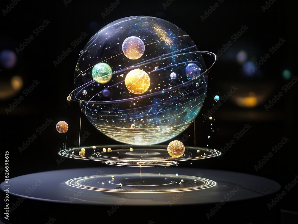 Poster a futuristic depiction of a rotating celestial model with planets and rings, showcasing an imaginati
