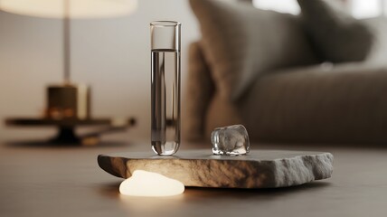 Minimalist still life with clear liquid in a test tube and ice