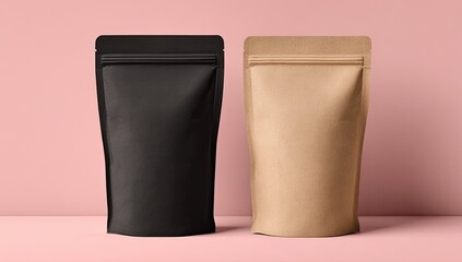 Two blank zippered pouches, black and kraft, on pink background