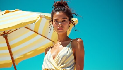 A caucasian woman, wearing fashionable earrings and a striped sundress, stands by a yellow umbrella under a bright blue sky. Summer holiday or vacation fun.