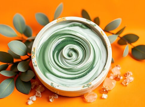 Serene Spa Treatment: A rejuvenating spa treatment, captured in a top-down composition. The cream is beautifully swirled into a spiral.