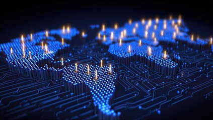 Global digital network, world map on circuit board, glowing points