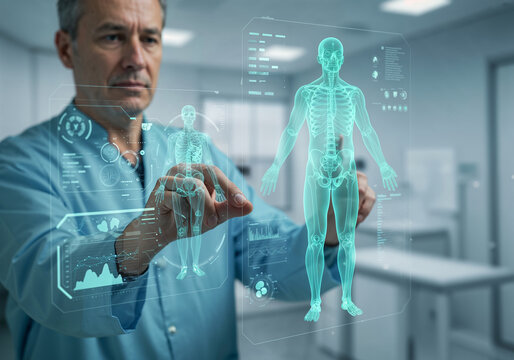 Futuristic doctor examining a virtual human skeleton and organs, symbolizing advanced healthcare, research, and medical technology