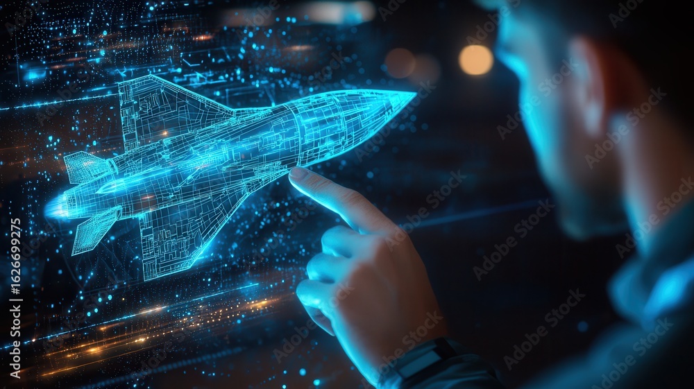 Poster engineer aerospace simulation concept. futuristic interface showcasing a holographic jet model being