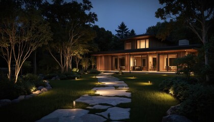 Obraz premium Modern garden pathway illuminated at night by sleek LED lights leading to contemporary house. Ambient lighting enhances tranquil evening atmosphere, architectural details of manicured lawn