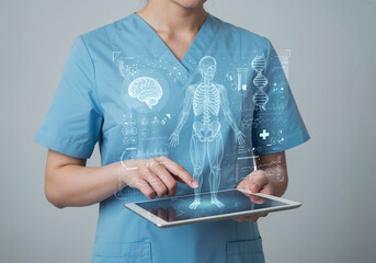 Healthcare professional uses a tablet displaying a digital human body hologram with medical data. Represents modern diagnostics, AI, and future healthcare