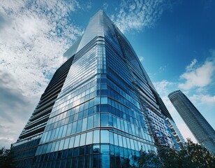 sleek skyscraper with a massive glass fa ade standing tall against a bright blue sky with fluffy white clouds