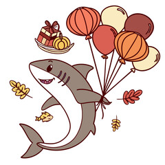 SVG art: A Amused Shark in a Thanksgiving vibe with floating with balloons, tinted with Harvest Blessings tones