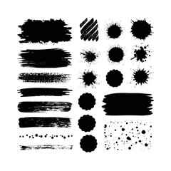 Collection of black ink splashes, brush strokes, and splatters on a white background.