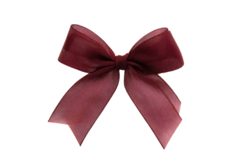 A deep maroon ribbon bow,  isolated on black.  The bow is  full and symmetrical, with a slightly textured surface.  Edges are slightly uneven, giving a handmade feel