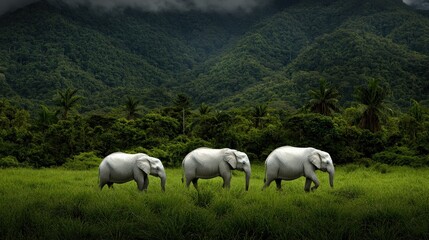 Obraz premium Majestic Elephants Walking Through Lush Green Forest Landscape