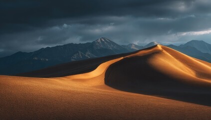 Golden sand dune against a dramatic mountain backdrop under a stormy sky