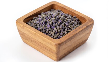 Dried lavender buds fill rustic wooden bowl. Natural aroma fills air, evoking serenity, calm. Warm wood tones enhance fragrance. Purple buds offer natural organic scent for aromatherapy, wellness,