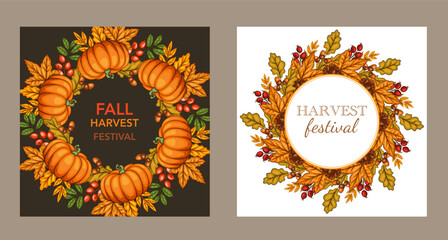Fall Harvest Festival Banner template. Harvest Fest Poster Design. Pumpkin, Apple, Acorns and fall Greenery. Farm fresh fruits. Fall season elements for Thanksgiving Design. Fall Layout Template