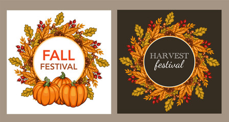 Fall Harvest Festival Banner template. Harvest Fest Poster Design. Pumpkin, Apple, Acorns and fall Greenery. Farm fresh fruits. Fall season elements for Thanksgiving Design. Fall Layout Template